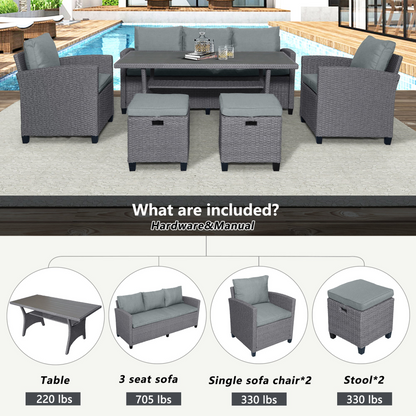 Patio Furntiure Sets | 6-Piece Outdoor Rattan Wicker Set Patio Garden Backyard Sofa, Chair, Stools and Table(Gray Rattan+Gray Cushion) | casafoyer.myshopify.com