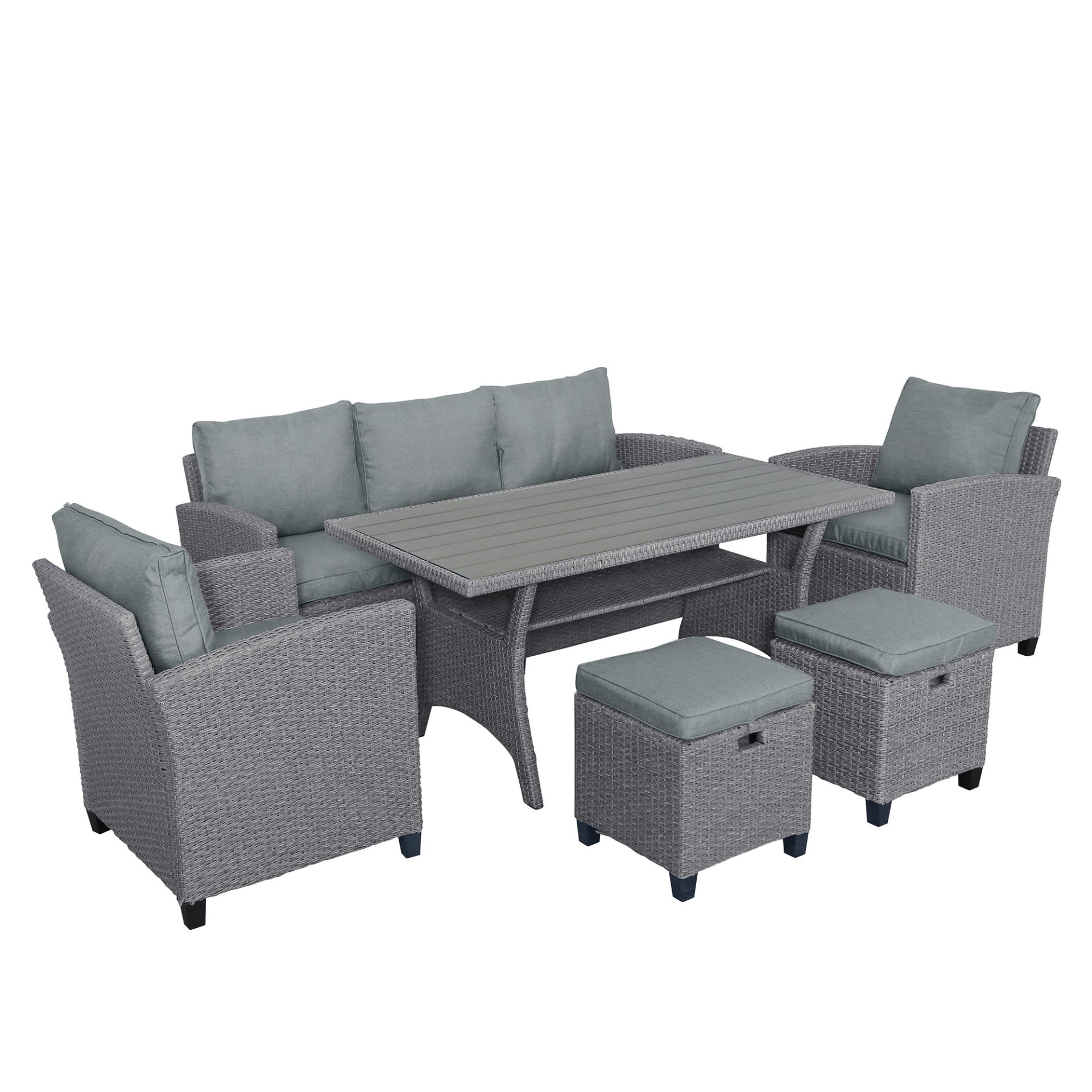 Patio Furntiure Sets | 6-Piece Outdoor Rattan Wicker Set Patio Garden Backyard Sofa, Chair, Stools and Table(Gray Rattan+Gray Cushion) | casafoyer.myshopify.com