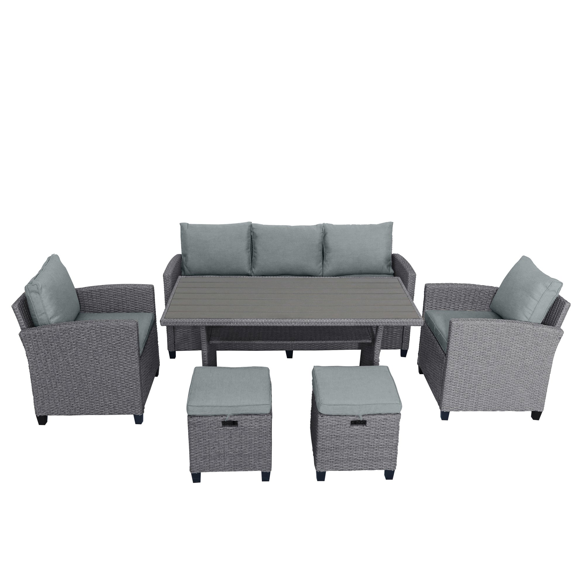 Patio Furntiure Sets | 6-Piece Outdoor Rattan Wicker Set Patio Garden Backyard Sofa, Chair, Stools and Table(Gray Rattan+Gray Cushion) | casafoyer.myshopify.com