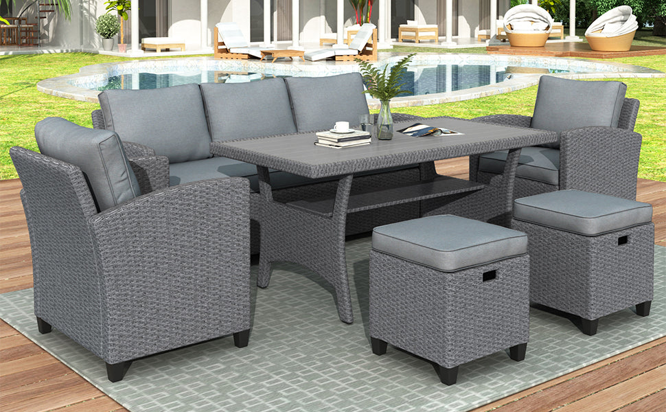 Patio Furntiure Sets | 6-Piece Outdoor Rattan Wicker Set Patio Garden Backyard Sofa, Chair, Stools and Table(Gray Rattan+Gray Cushion) | casafoyer.myshopify.com