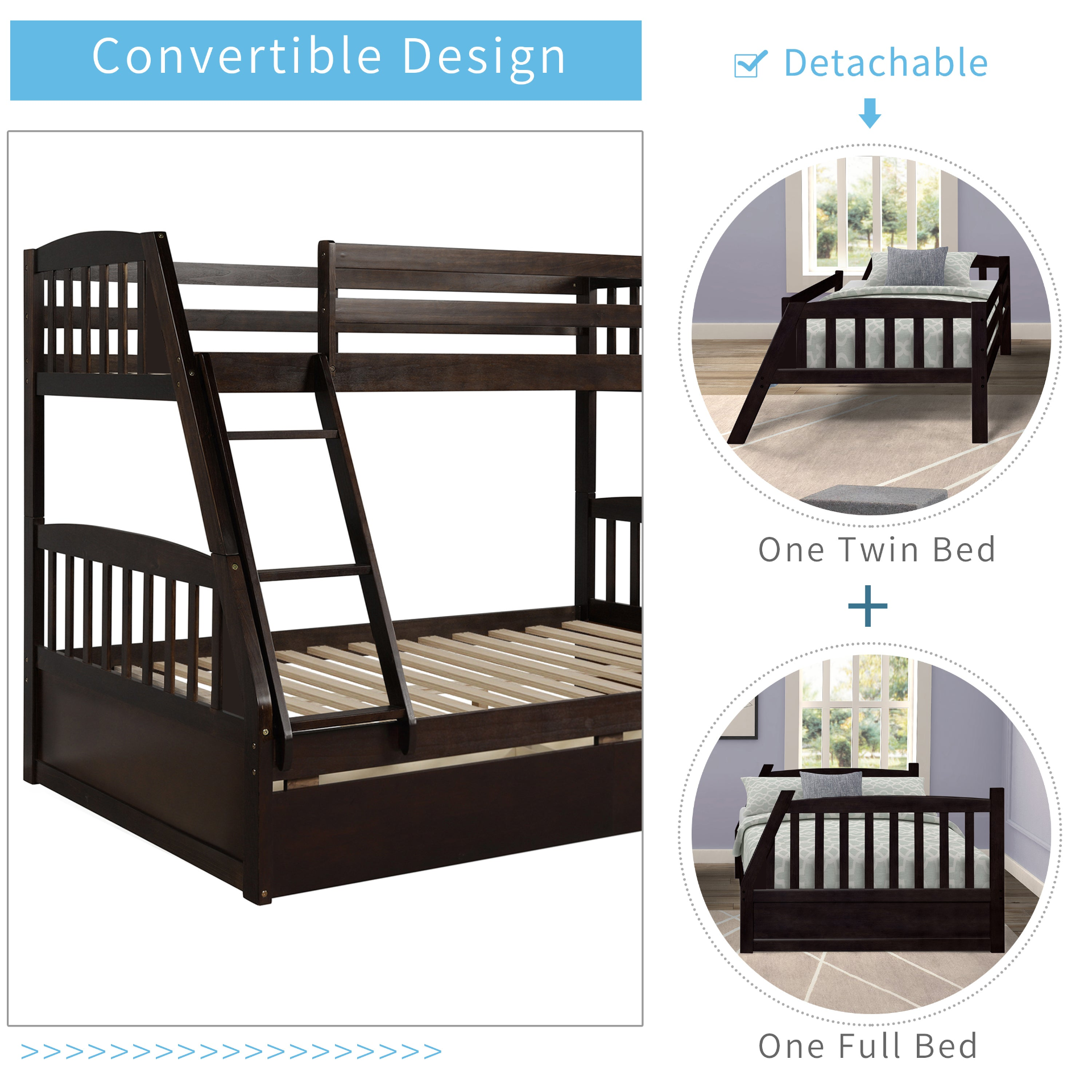 Sofa & Chair sets | Solid Wood Twin Over Full Bunk Bed with Two Storage Drawers, Espresso | casafoyer.myshopify.com