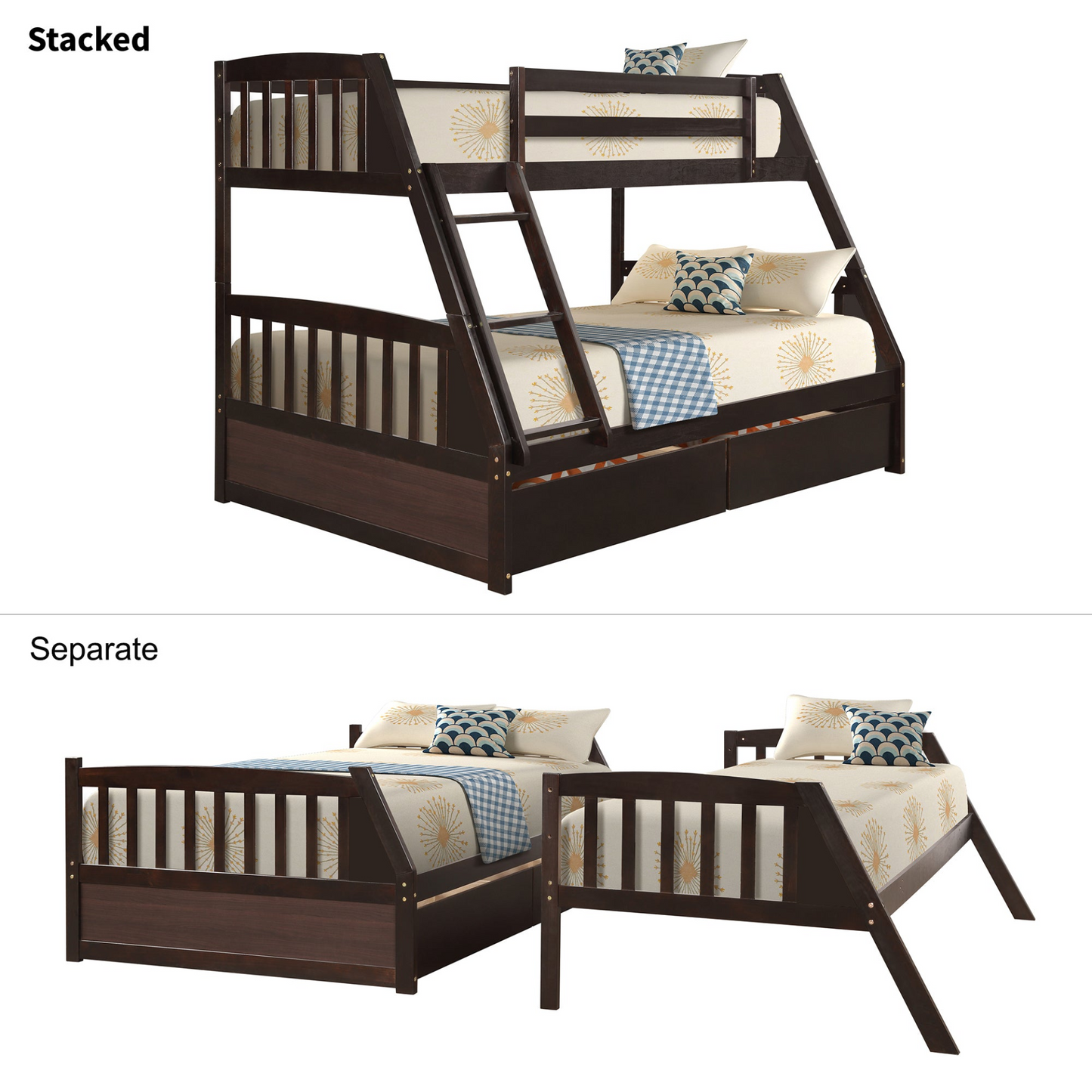 Sofa & Chair sets | Solid Wood Twin Over Full Bunk Bed with Two Storage Drawers, Espresso | casafoyer.myshopify.com