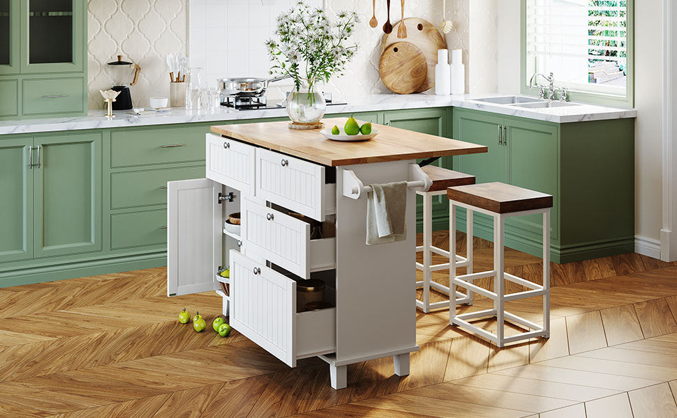 Dining Table | Farmhouse Kitchen Island Set with Drop Leaf and 2 Seatings,Dining Table Set with Storage Cabinet, Drawers and Towel Rack, White+Rustic Brown | casafoyer.myshopify.com