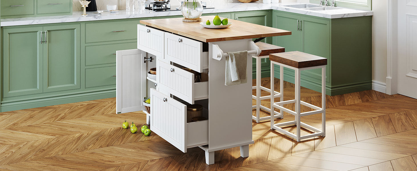 Dining Table | Farmhouse Kitchen Island Set with Drop Leaf and 2 Seatings,Dining Table Set with Storage Cabinet, Drawers and Towel Rack, White+Rustic Brown | casafoyer.myshopify.com