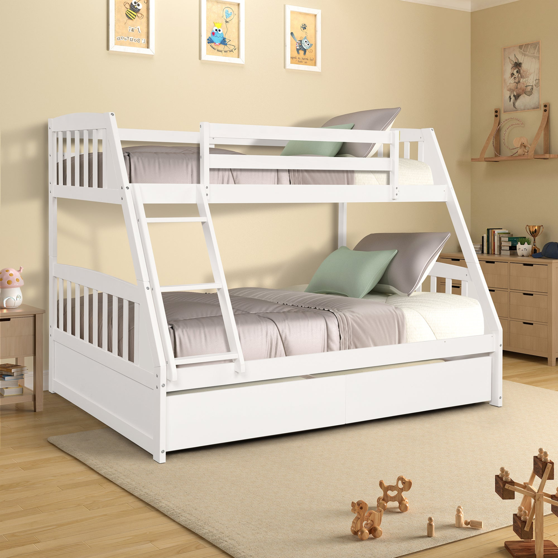 Sofa & Chair sets | Solid Wood Twin Over Full Bunk Bed with Two Storage Drawers, White | casafoyer.myshopify.com