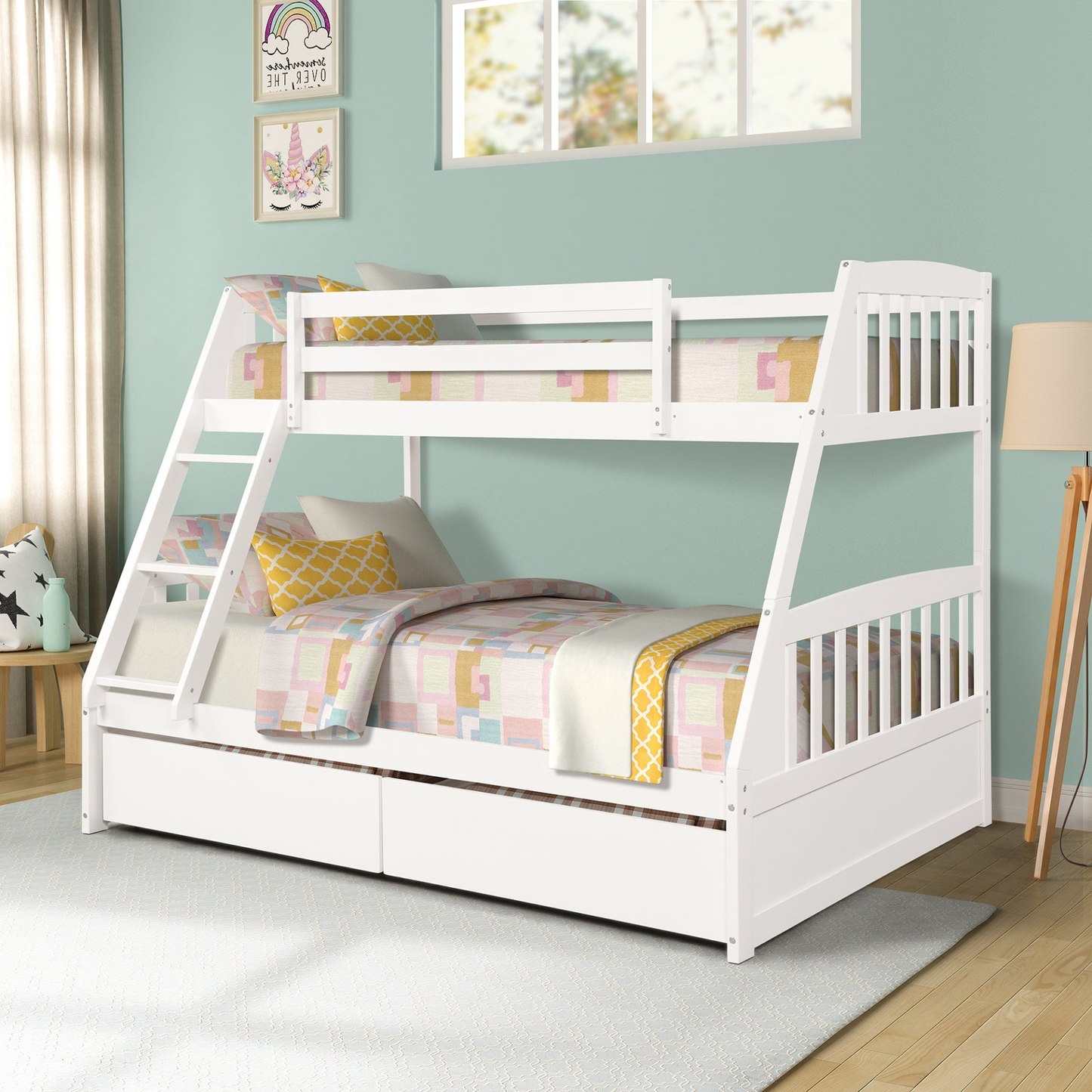 Sofa & Chair sets | Solid Wood Twin Over Full Bunk Bed with Two Storage Drawers, White | casafoyer.myshopify.com