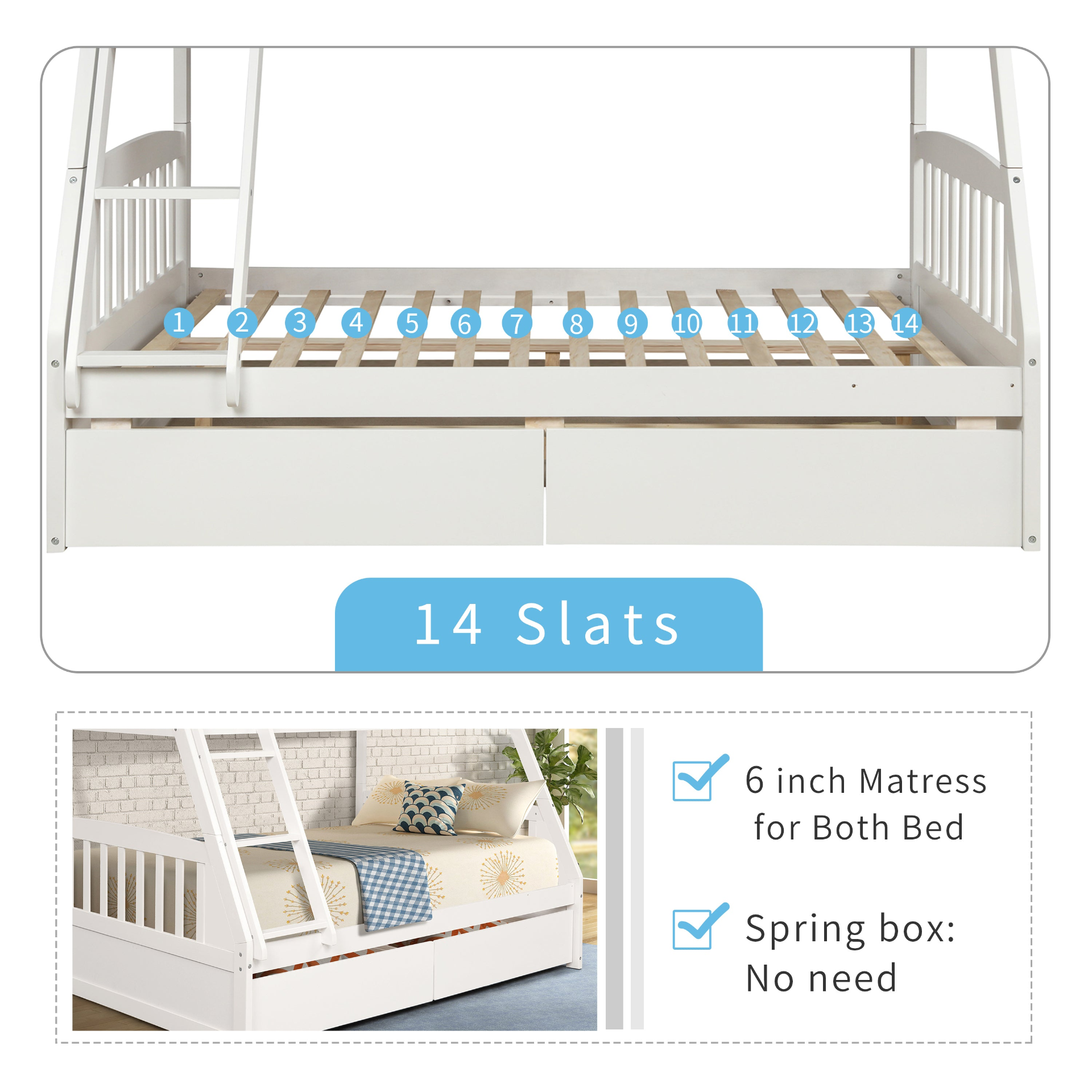 Sofa & Chair sets | Solid Wood Twin Over Full Bunk Bed with Two Storage Drawers, White | casafoyer.myshopify.com