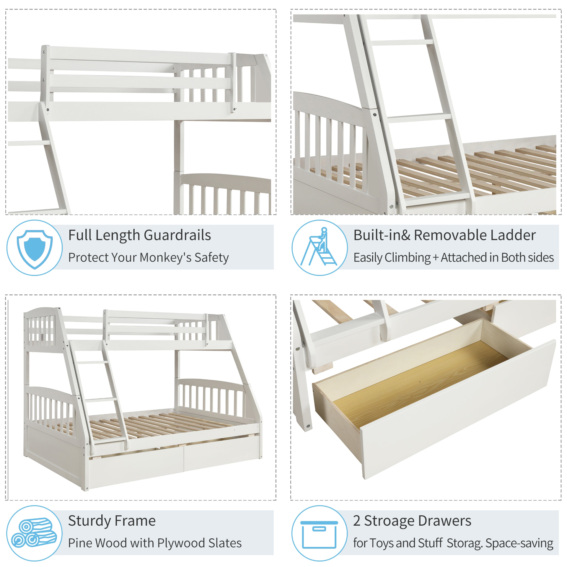 Sofa & Chair sets | Solid Wood Twin Over Full Bunk Bed with Two Storage Drawers, White | casafoyer.myshopify.com