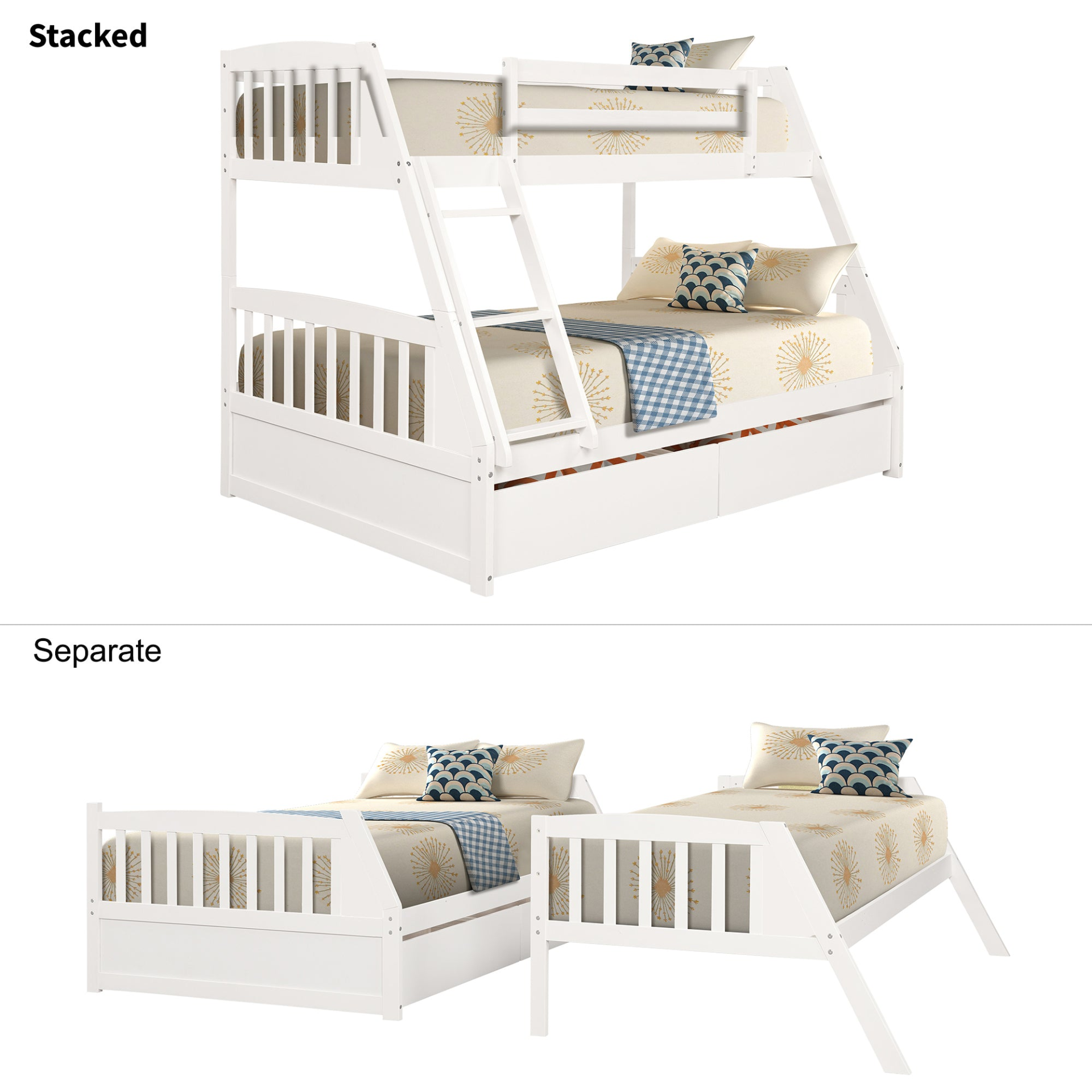 Sofa & Chair sets | Solid Wood Twin Over Full Bunk Bed with Two Storage Drawers, White | casafoyer.myshopify.com