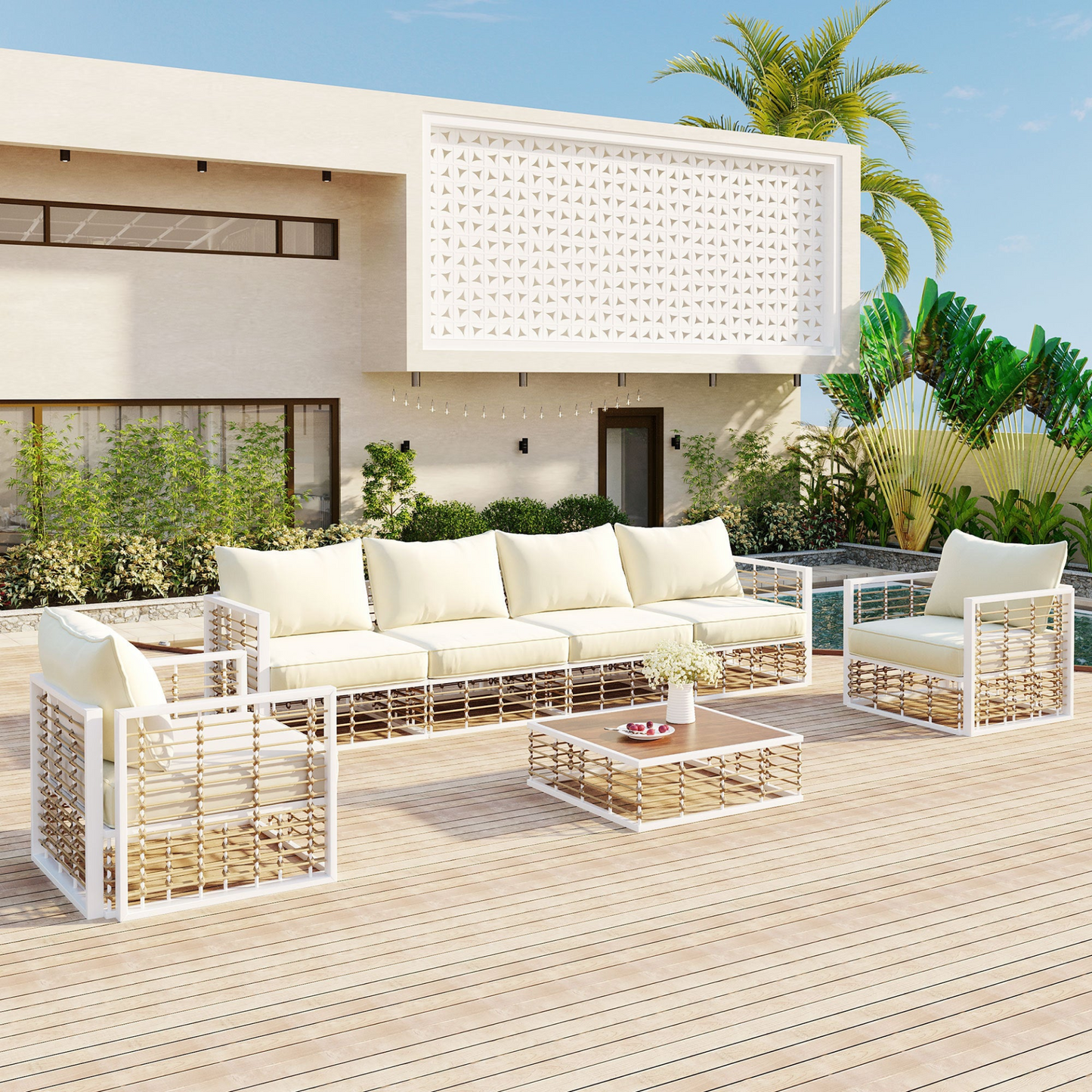 Patio Furntiure Sets | Modern Minimalist 7-Piece Metal Patio Sectional Sofa Set, All-Weather Garden Conversational Furniture Set with Thick Cushions and Coffee Table for Indoor Outdoor, White | casafoyer.myshopify.com