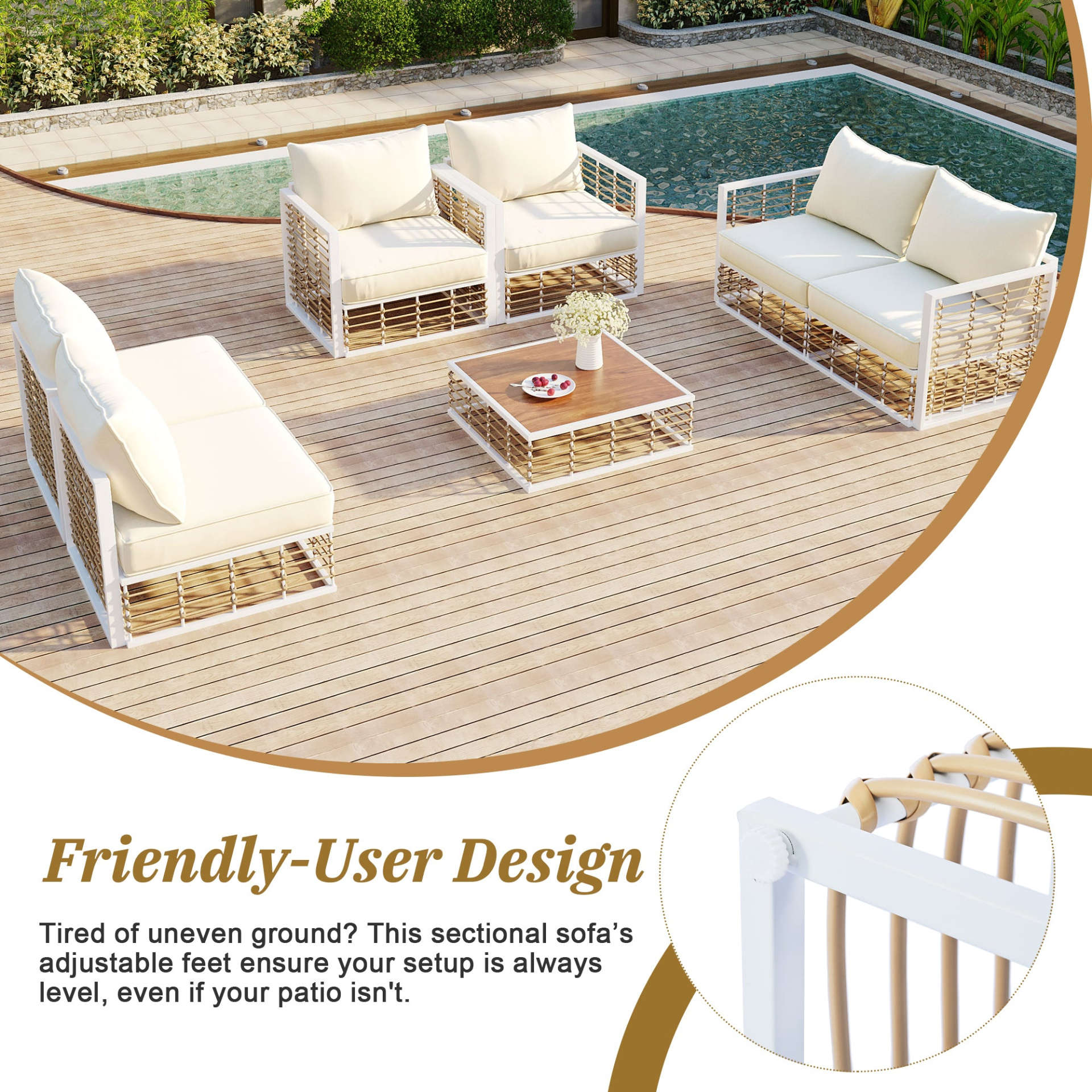 Patio Furntiure Sets | Modern Minimalist 7-Piece Metal Patio Sectional Sofa Set, All-Weather Garden Conversational Furniture Set with Thick Cushions and Coffee Table for Indoor Outdoor, White | casafoyer.myshopify.com