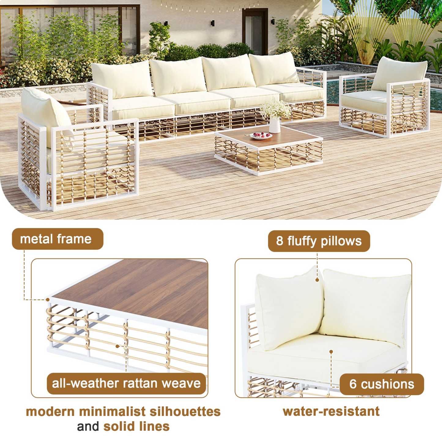 Patio Furntiure Sets | Modern Minimalist 7-Piece Metal Patio Sectional Sofa Set, All-Weather Garden Conversational Furniture Set with Thick Cushions and Coffee Table for Indoor Outdoor, White | casafoyer.myshopify.com