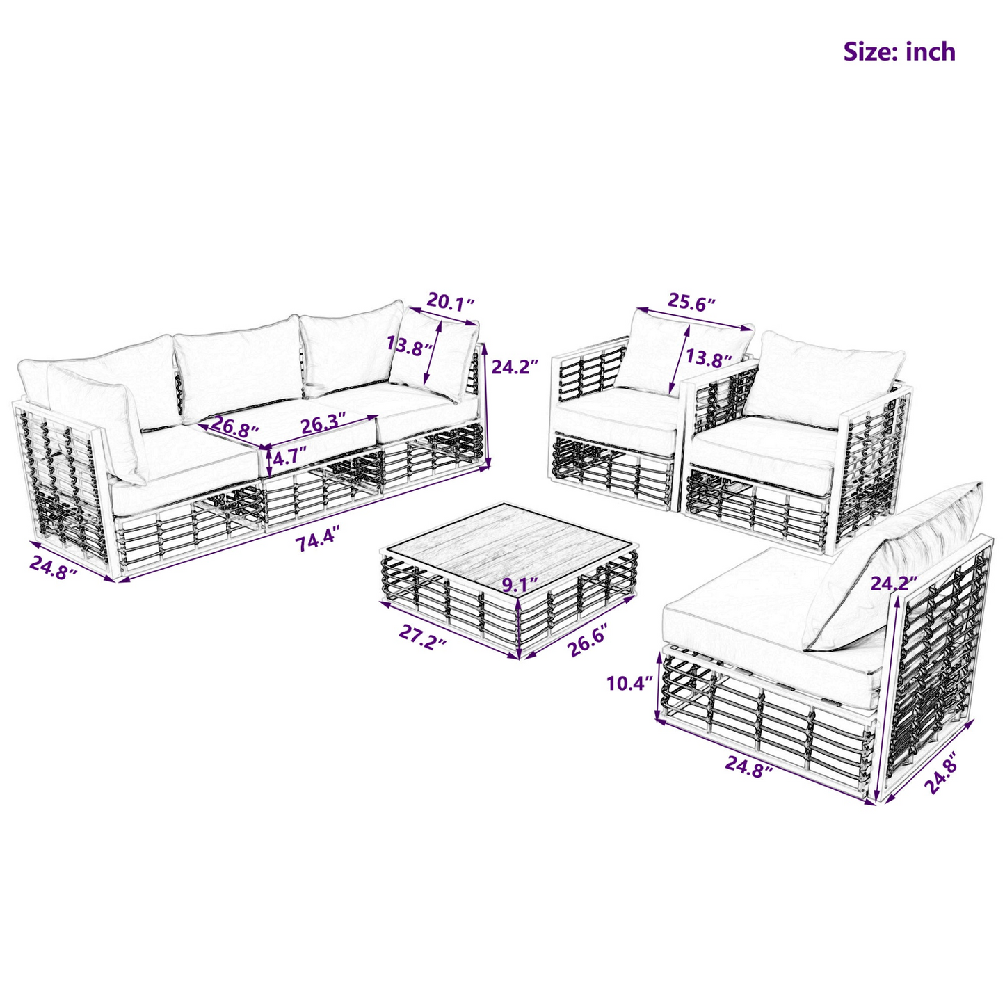 Patio Furntiure Sets | Modern Minimalist 7-Piece Metal Patio Sectional Sofa Set, All-Weather Garden Conversational Furniture Set with Thick Cushions and Coffee Table for Indoor Outdoor, White | casafoyer.myshopify.com