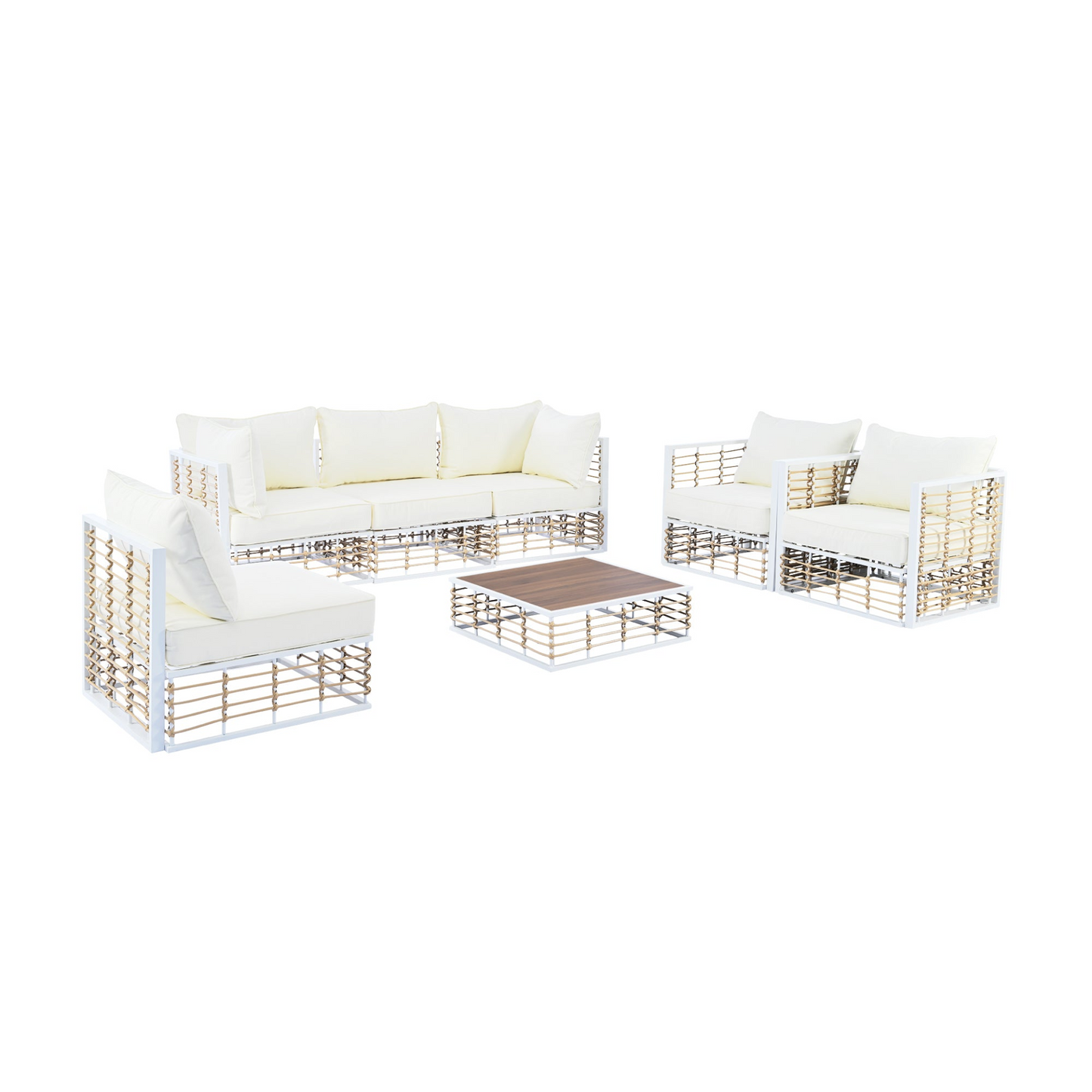 Patio Furntiure Sets | Modern Minimalist 7-Piece Metal Patio Sectional Sofa Set, All-Weather Garden Conversational Furniture Set with Thick Cushions and Coffee Table for Indoor Outdoor, White | casafoyer.myshopify.com