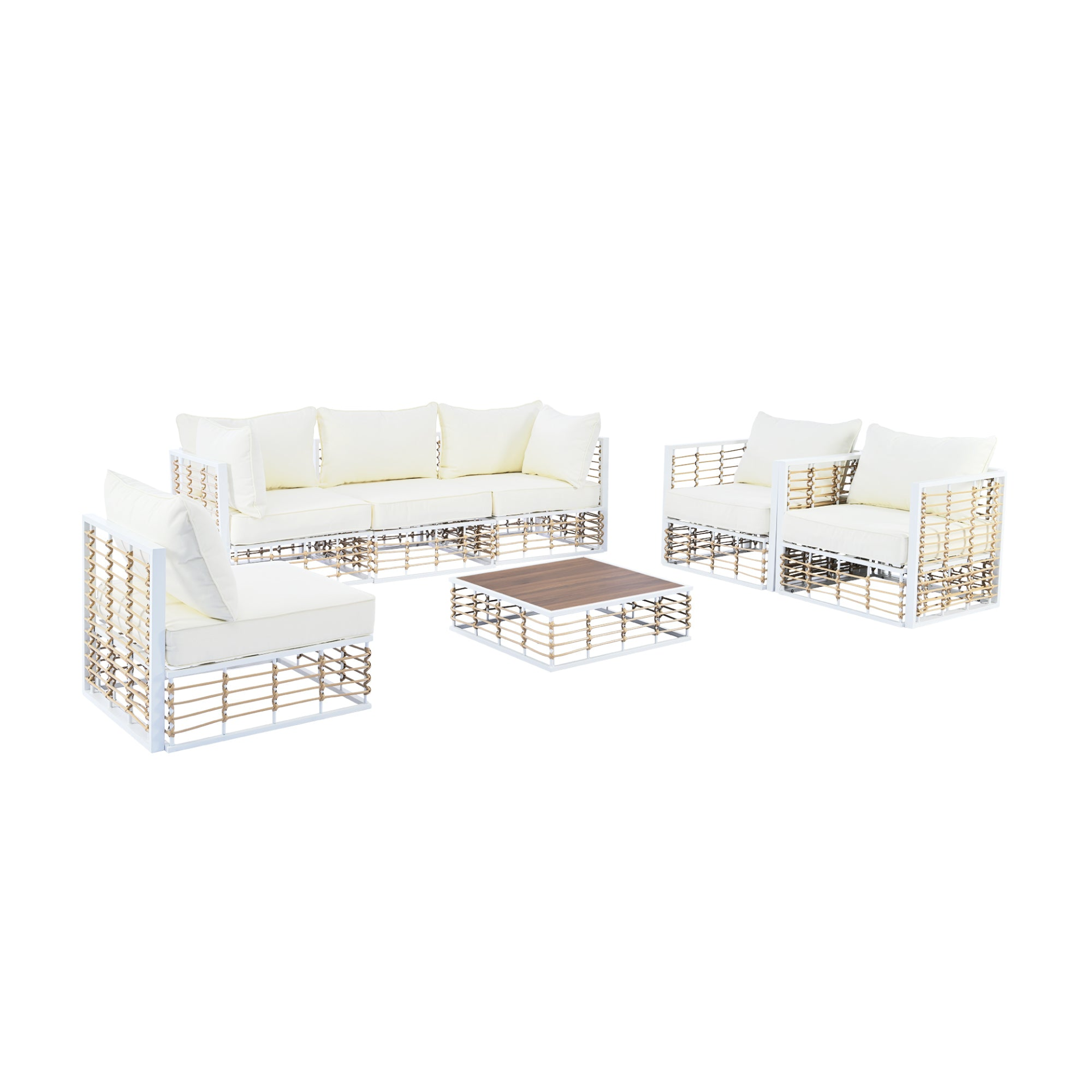 Patio Furntiure Sets | Modern Minimalist 7-Piece Metal Patio Sectional Sofa Set, All-Weather Garden Conversational Furniture Set with Thick Cushions and Coffee Table for Indoor Outdoor, White | casafoyer.myshopify.com