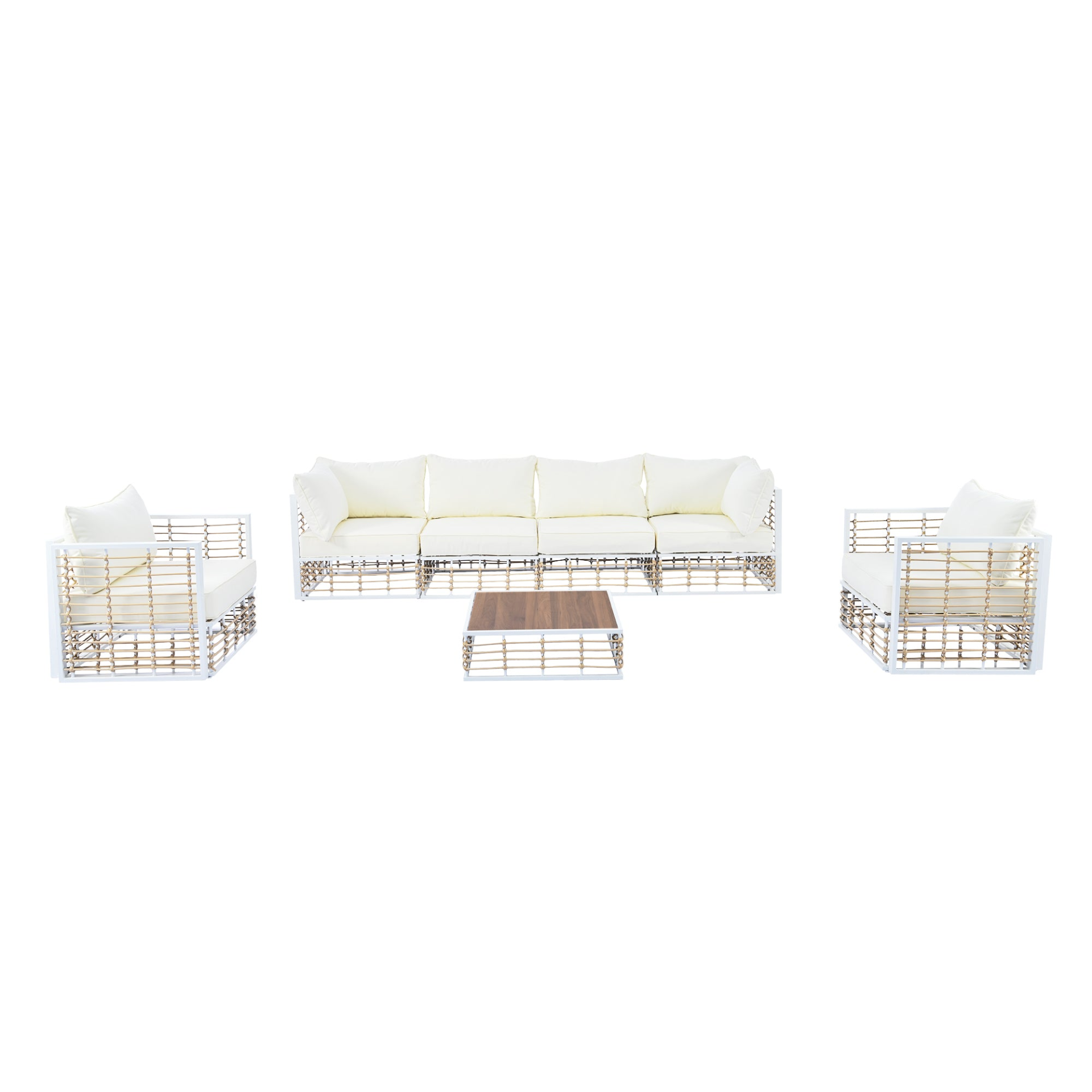 Patio Furntiure Sets | Modern Minimalist 7-Piece Metal Patio Sectional Sofa Set, All-Weather Garden Conversational Furniture Set with Thick Cushions and Coffee Table for Indoor Outdoor, White | casafoyer.myshopify.com