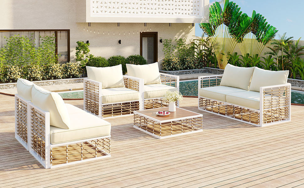 Patio Furntiure Sets | Modern Minimalist 7-Piece Metal Patio Sectional Sofa Set, All-Weather Garden Conversational Furniture Set with Thick Cushions and Coffee Table for Indoor Outdoor, White | casafoyer.myshopify.com