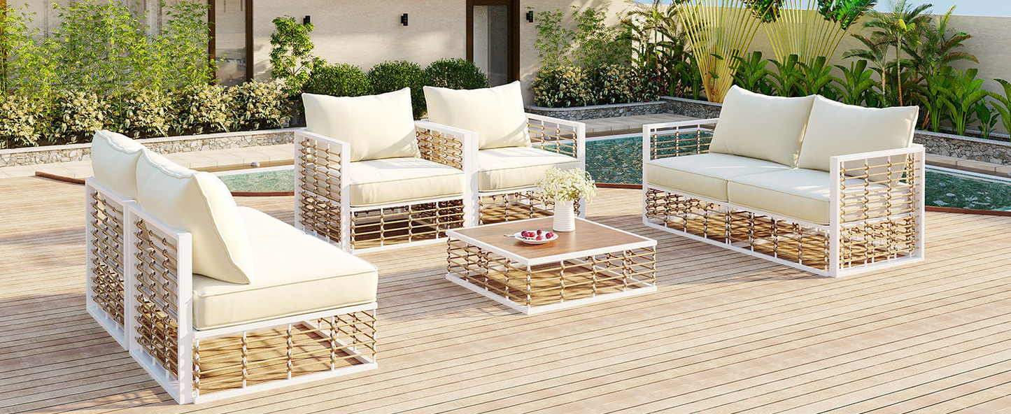 Patio Furntiure Sets | Modern Minimalist 7-Piece Metal Patio Sectional Sofa Set, All-Weather Garden Conversational Furniture Set with Thick Cushions and Coffee Table for Indoor Outdoor, White | casafoyer.myshopify.com