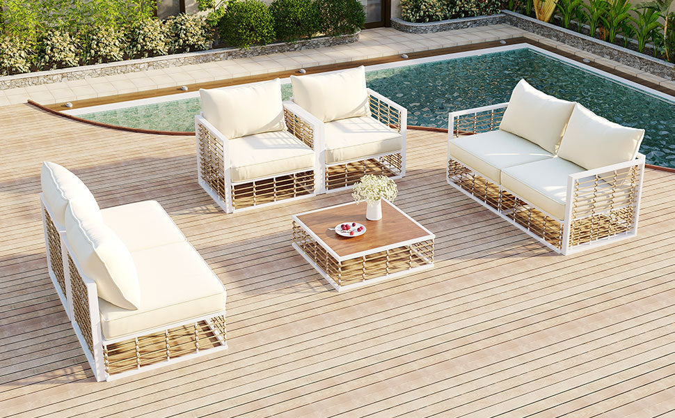 Patio Furntiure Sets | Modern Minimalist 7-Piece Metal Patio Sectional Sofa Set, All-Weather Garden Conversational Furniture Set with Thick Cushions and Coffee Table for Indoor Outdoor, White | casafoyer.myshopify.com