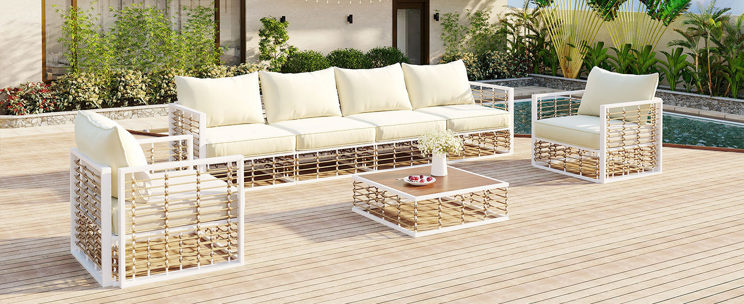 Patio Furntiure Sets | Modern Minimalist 7-Piece Metal Patio Sectional Sofa Set, All-Weather Garden Conversational Furniture Set with Thick Cushions and Coffee Table for Indoor Outdoor, White | casafoyer.myshopify.com