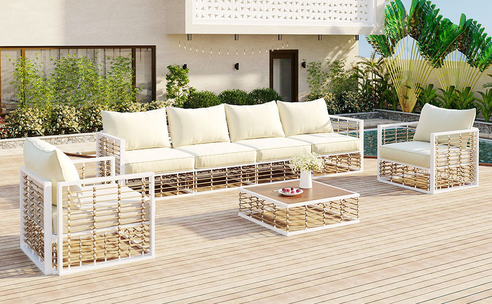 Patio Furntiure Sets | Modern Minimalist 7-Piece Metal Patio Sectional Sofa Set, All-Weather Garden Conversational Furniture Set with Thick Cushions and Coffee Table for Indoor Outdoor, White | casafoyer.myshopify.com