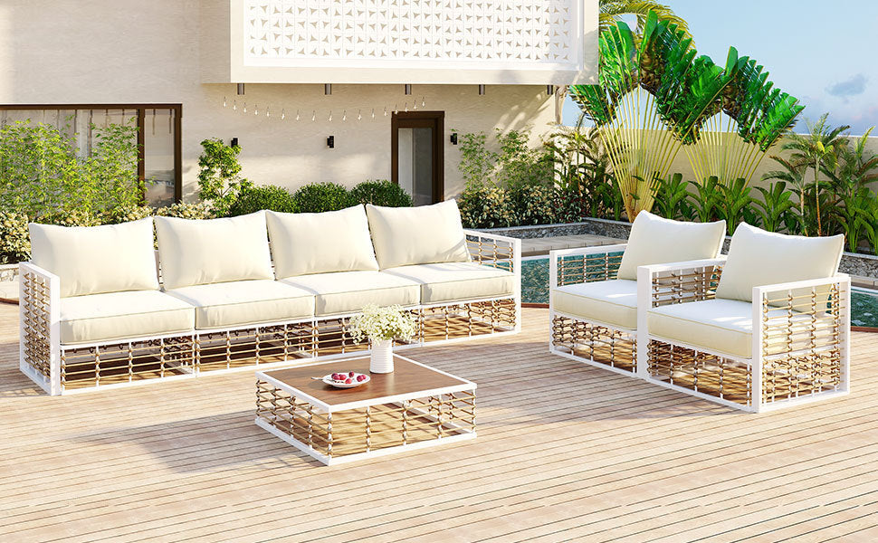 Patio Furntiure Sets | Modern Minimalist 7-Piece Metal Patio Sectional Sofa Set, All-Weather Garden Conversational Furniture Set with Thick Cushions and Coffee Table for Indoor Outdoor, White | casafoyer.myshopify.com