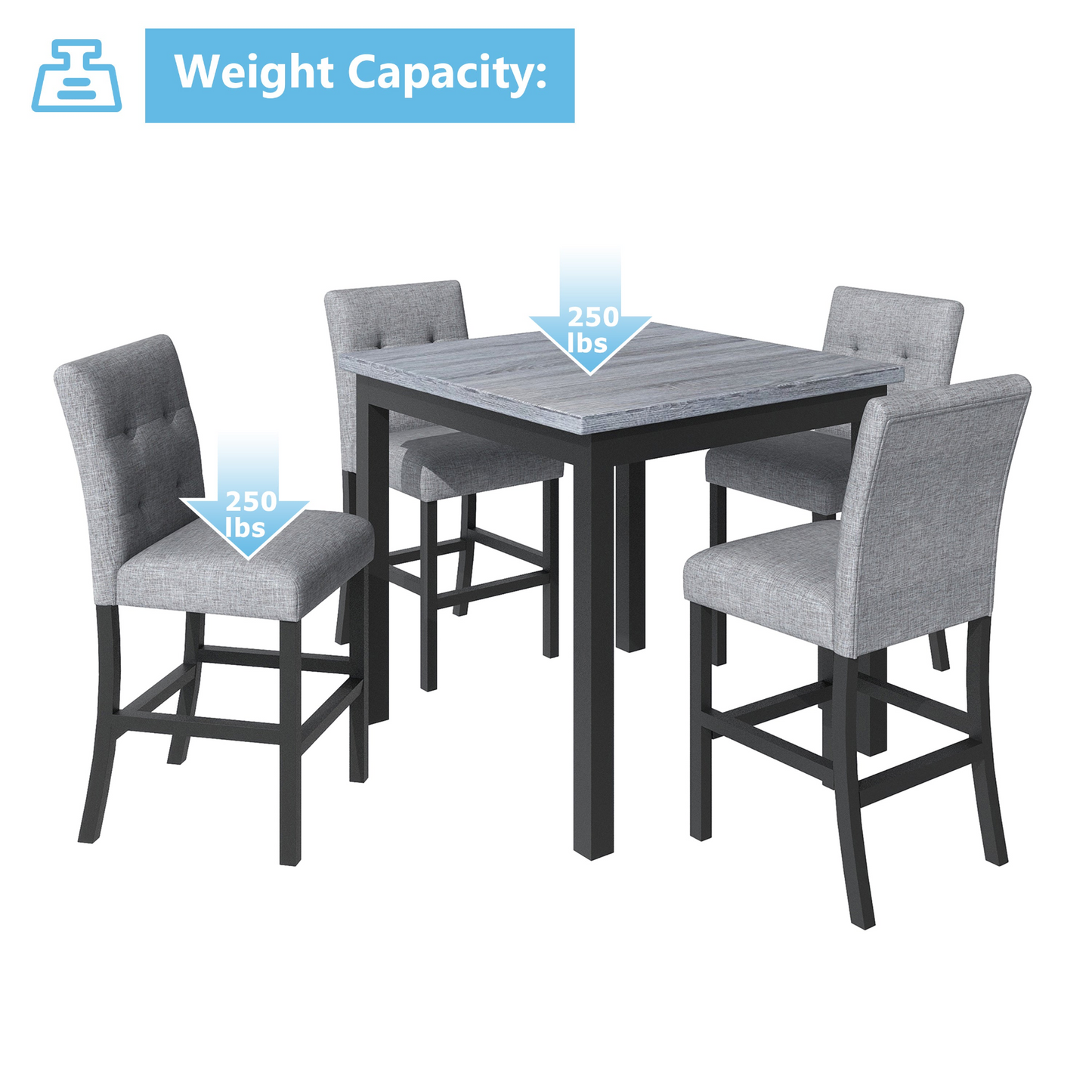 Dining Table | 5-Piece Counter Height Dining Set Wood Square Dining Room Table and Chairs Stools w/Footrest & 4 Upholstered high-back Chairs,Black | casafoyer.myshopify.com