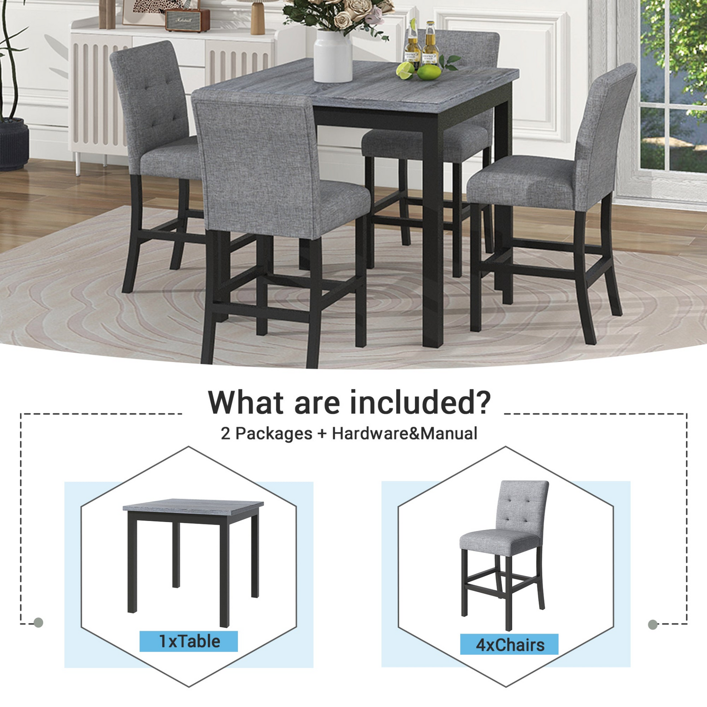 Dining Table | 5-Piece Counter Height Dining Set Wood Square Dining Room Table and Chairs Stools w/Footrest & 4 Upholstered high-back Chairs,Black | casafoyer.myshopify.com