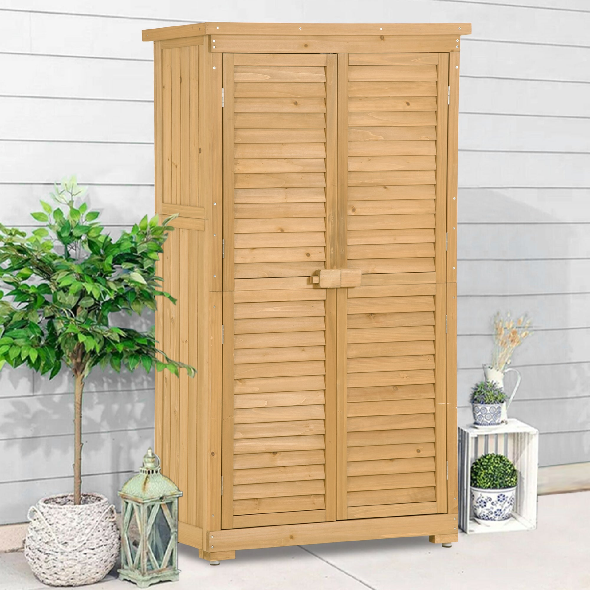 Patio Furntiure Sets | Wooden Garden Shed 3-tier Patio Storage Cabinet Outdoor Organizer Wooden Lockers with Fir Wood (Natural Wood Color -Shutter Design) | casafoyer.myshopify.com