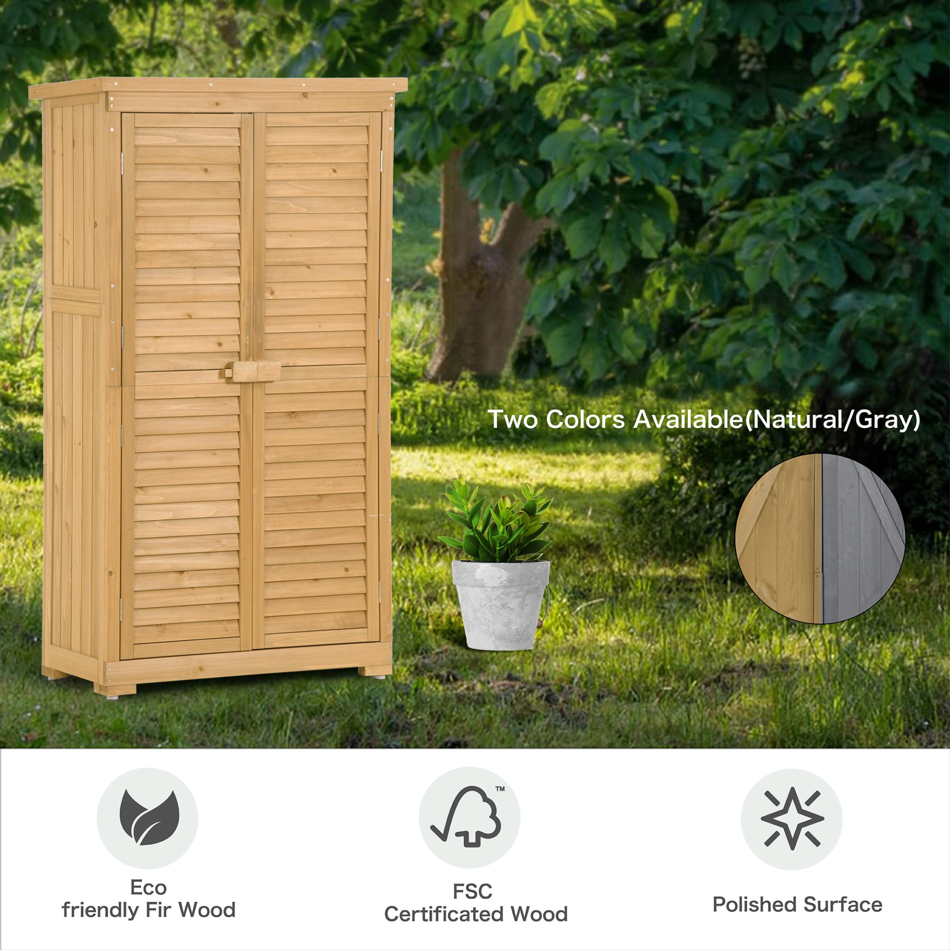 Patio Furntiure Sets | Wooden Garden Shed 3-tier Patio Storage Cabinet Outdoor Organizer Wooden Lockers with Fir Wood (Natural Wood Color -Shutter Design) | casafoyer.myshopify.com