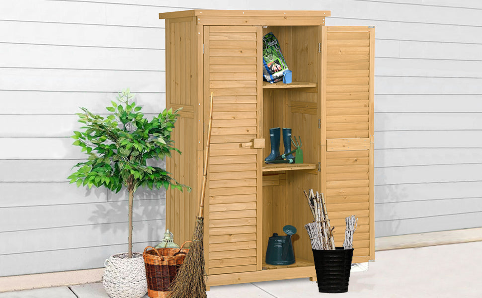 Patio Furntiure Sets | Wooden Garden Shed 3-tier Patio Storage Cabinet Outdoor Organizer Wooden Lockers with Fir Wood (Natural Wood Color -Shutter Design) | casafoyer.myshopify.com