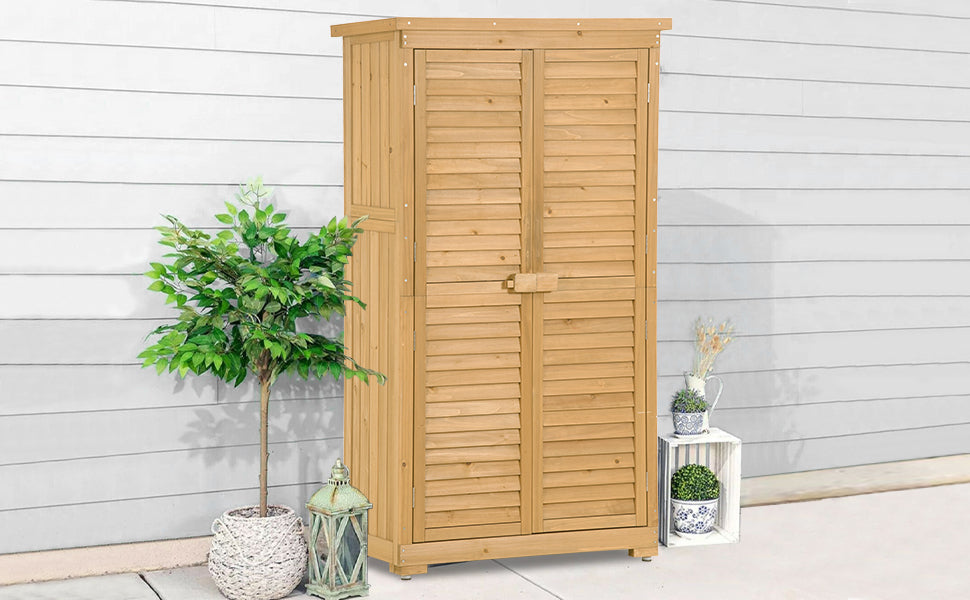 Patio Furntiure Sets | Wooden Garden Shed 3-tier Patio Storage Cabinet Outdoor Organizer Wooden Lockers with Fir Wood (Natural Wood Color -Shutter Design) | casafoyer.myshopify.com