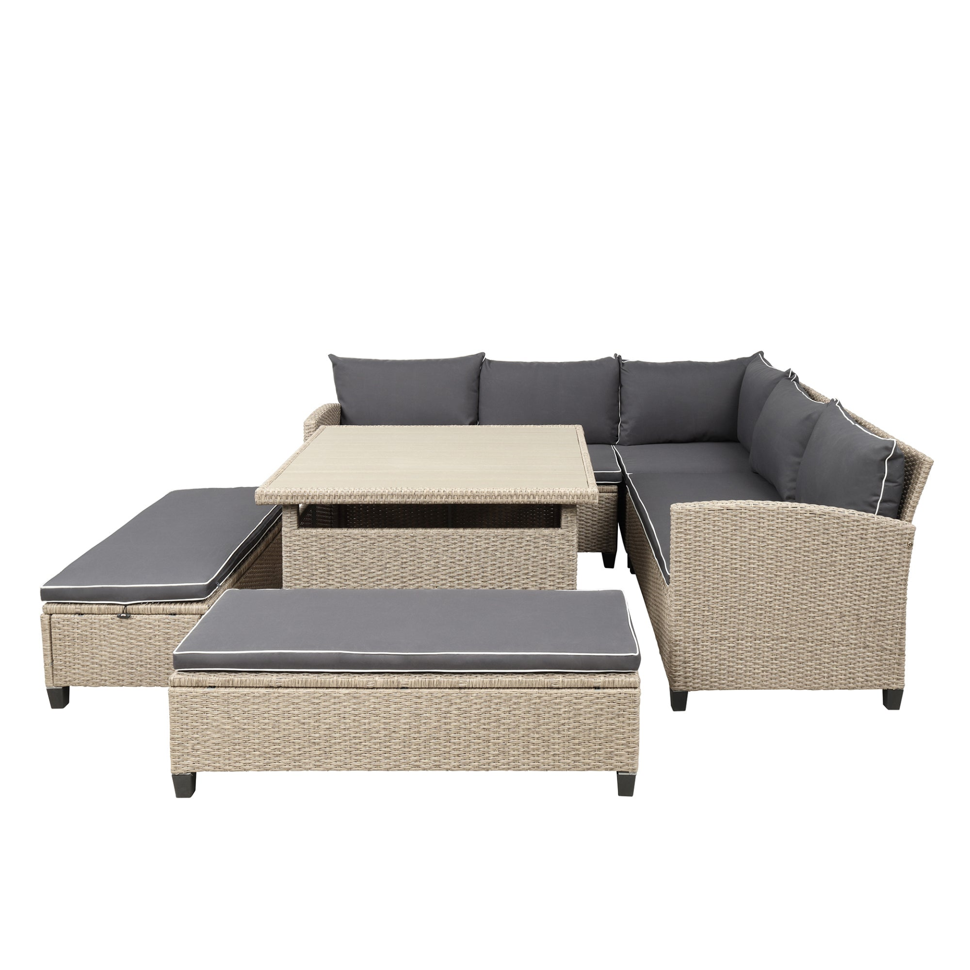 Patio Furntiure Sets | 6-Piece Patio Furniture Set Outdoor Wicker Rattan Sectional Sofa with Table and Benches for Backyard, Garden, Poolside | casafoyer.myshopify.com