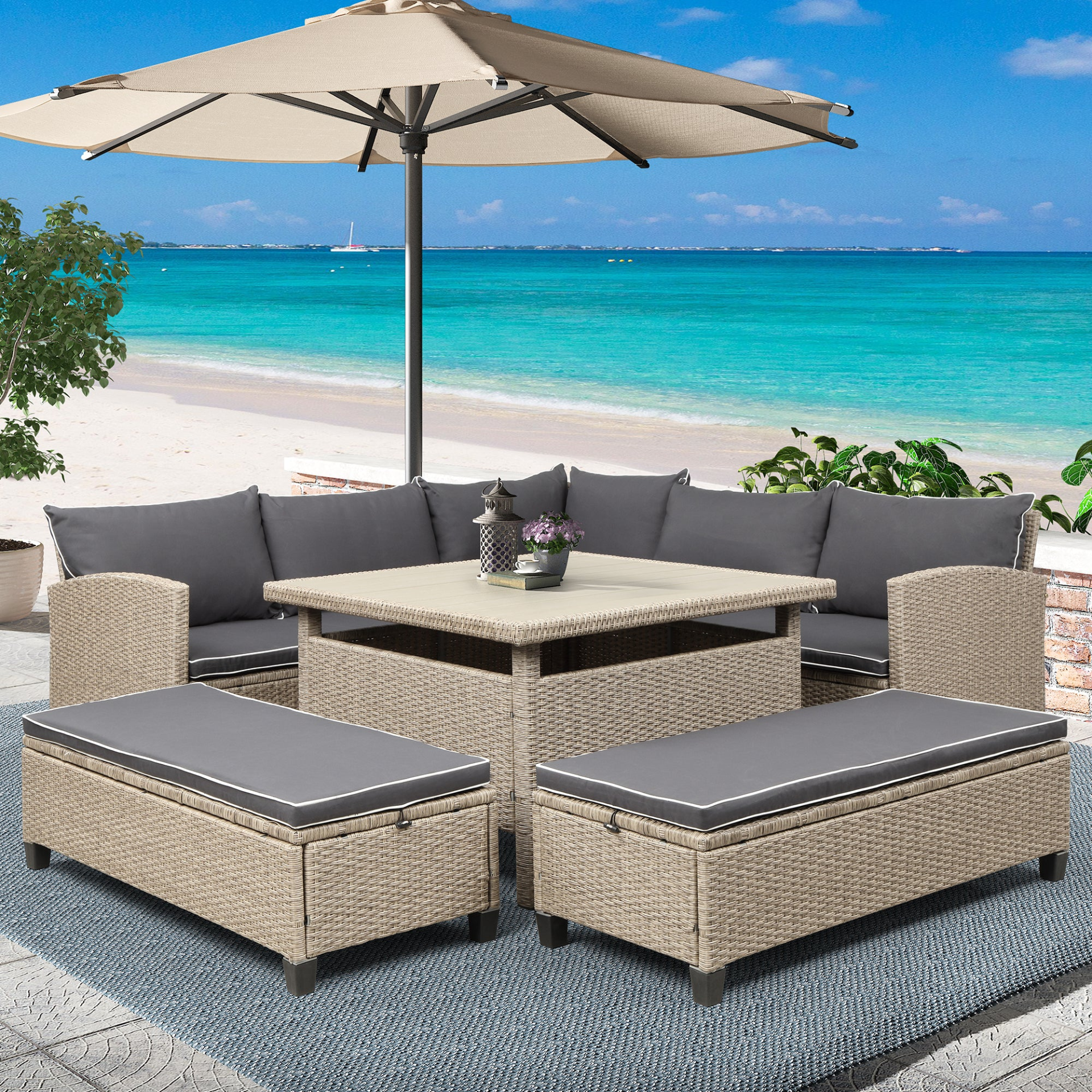 Patio Furntiure Sets | 6-Piece Patio Furniture Set Outdoor Wicker Rattan Sectional Sofa with Table and Benches for Backyard, Garden, Poolside | casafoyer.myshopify.com