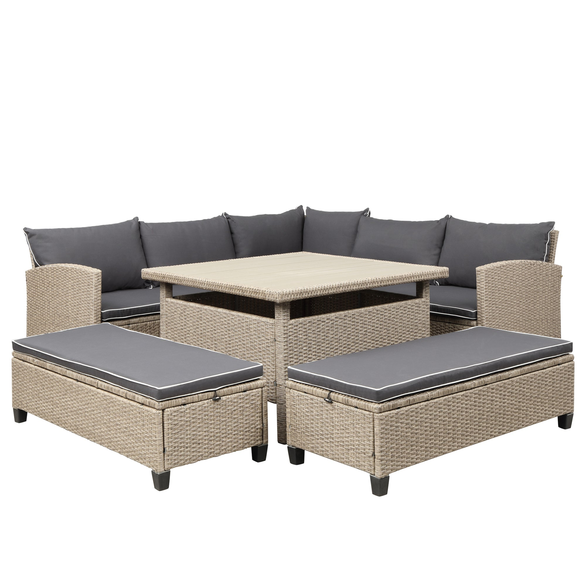 Patio Furntiure Sets | 6-Piece Patio Furniture Set Outdoor Wicker Rattan Sectional Sofa with Table and Benches for Backyard, Garden, Poolside | casafoyer.myshopify.com