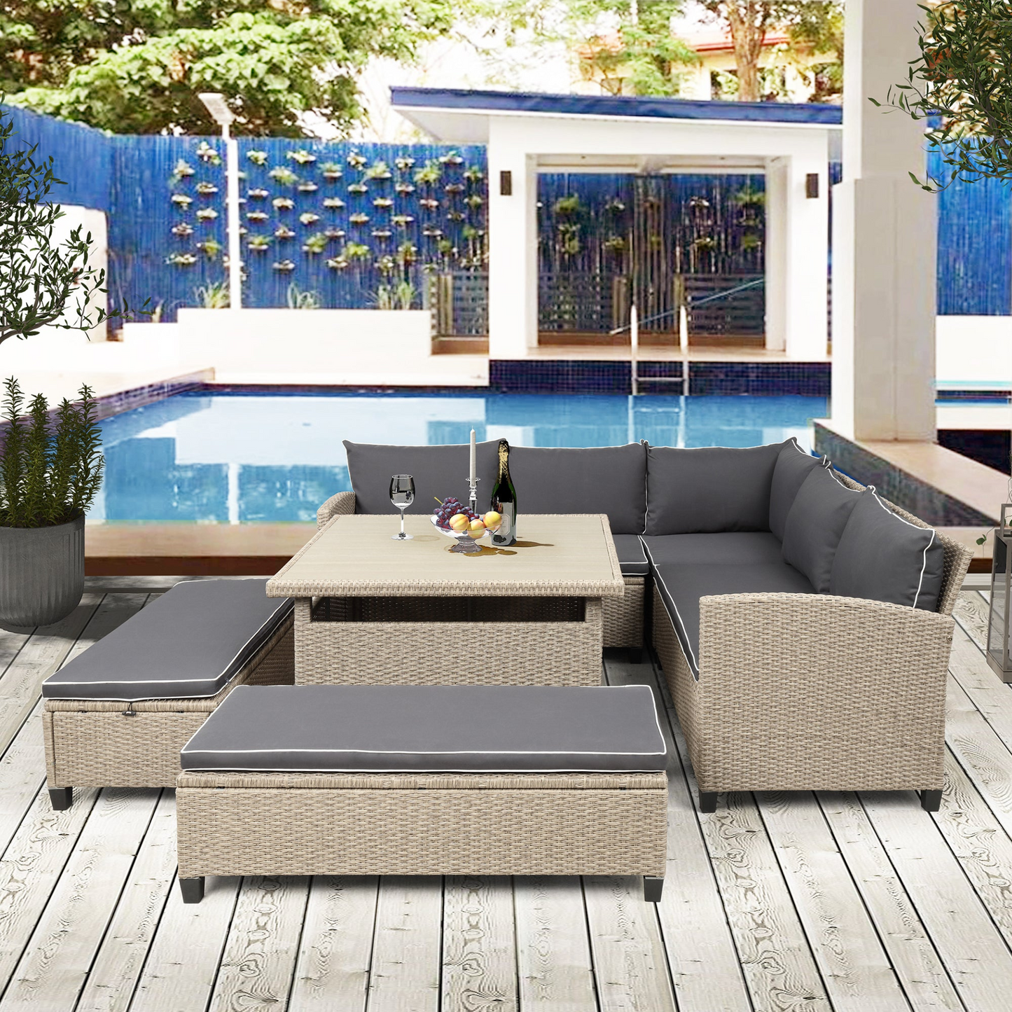 Patio Furntiure Sets | 6-Piece Patio Furniture Set Outdoor Wicker Rattan Sectional Sofa with Table and Benches for Backyard, Garden, Poolside | casafoyer.myshopify.com