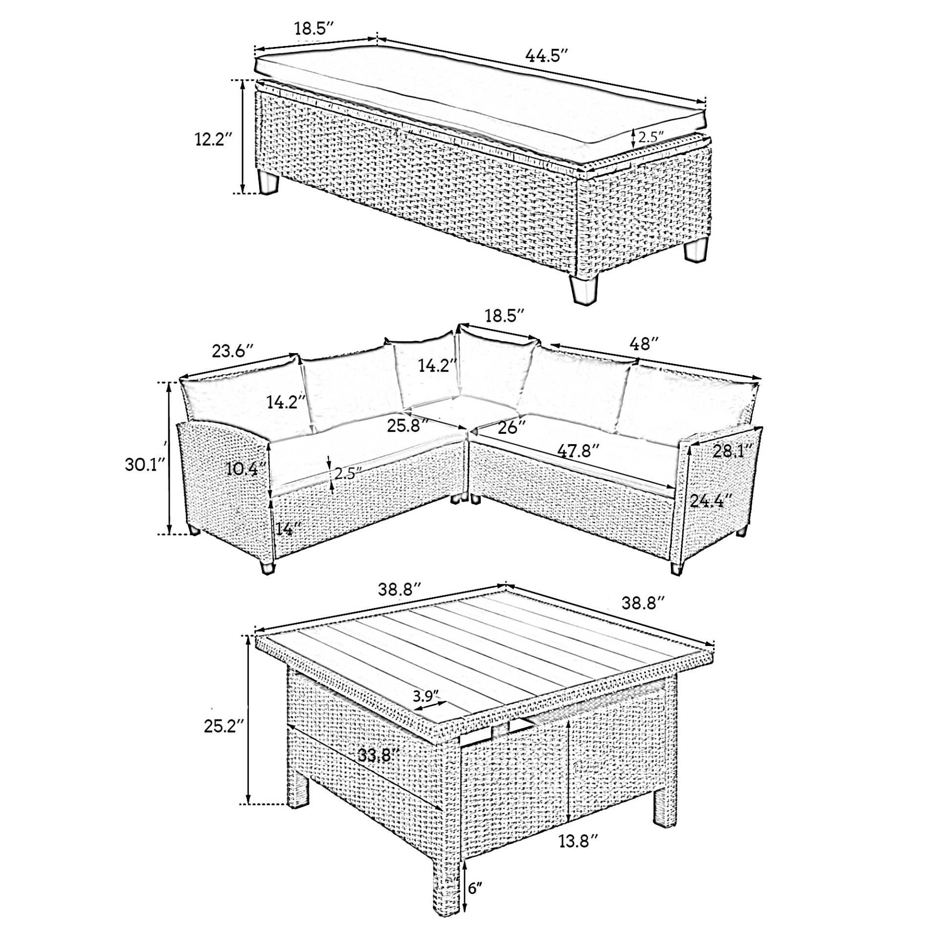 Patio Furntiure Sets | 6-Piece Patio Furniture Set Outdoor Wicker Rattan Sectional Sofa with Table and Benches for Backyard, Garden, Poolside | casafoyer.myshopify.com