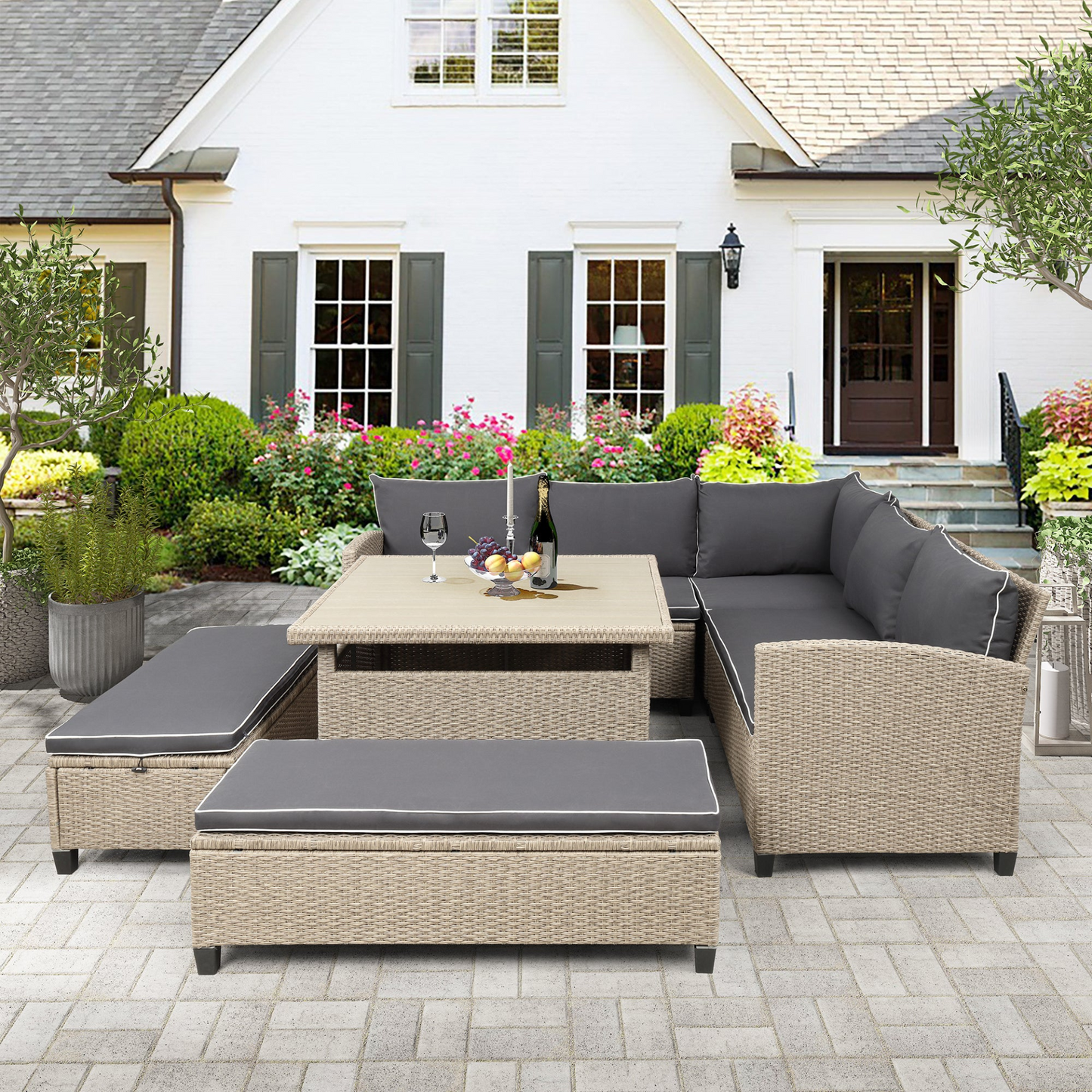 Patio Furntiure Sets | 6-Piece Patio Furniture Set Outdoor Wicker Rattan Sectional Sofa with Table and Benches for Backyard, Garden, Poolside | casafoyer.myshopify.com