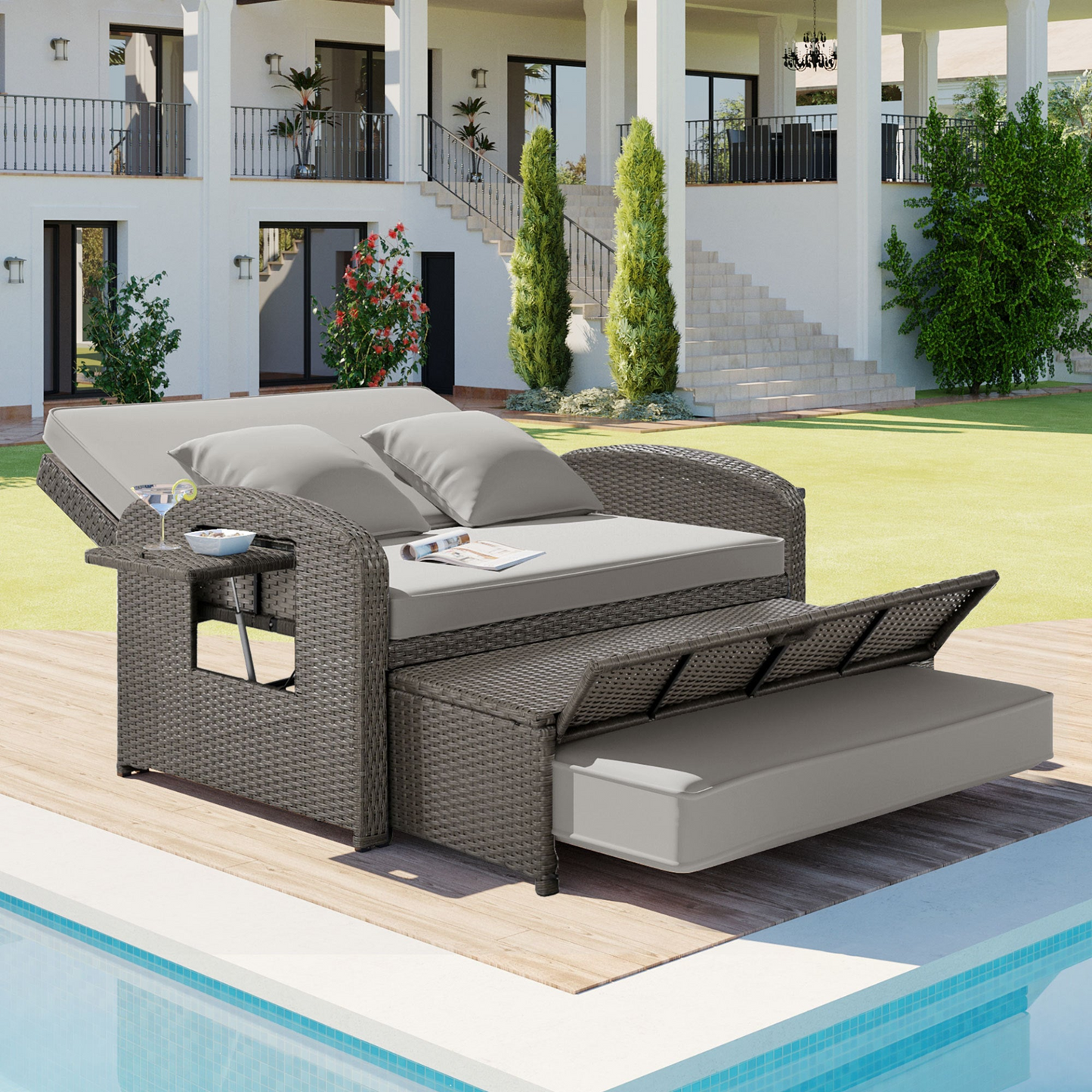 Patio Furntiure Sets | PE Wicker Rattan Double Chaise Lounge, 2-Person Reclining Daybed with Adjustable Back and Cushions, Free Furniture Protection Cover,Gray | casafoyer.myshopify.com