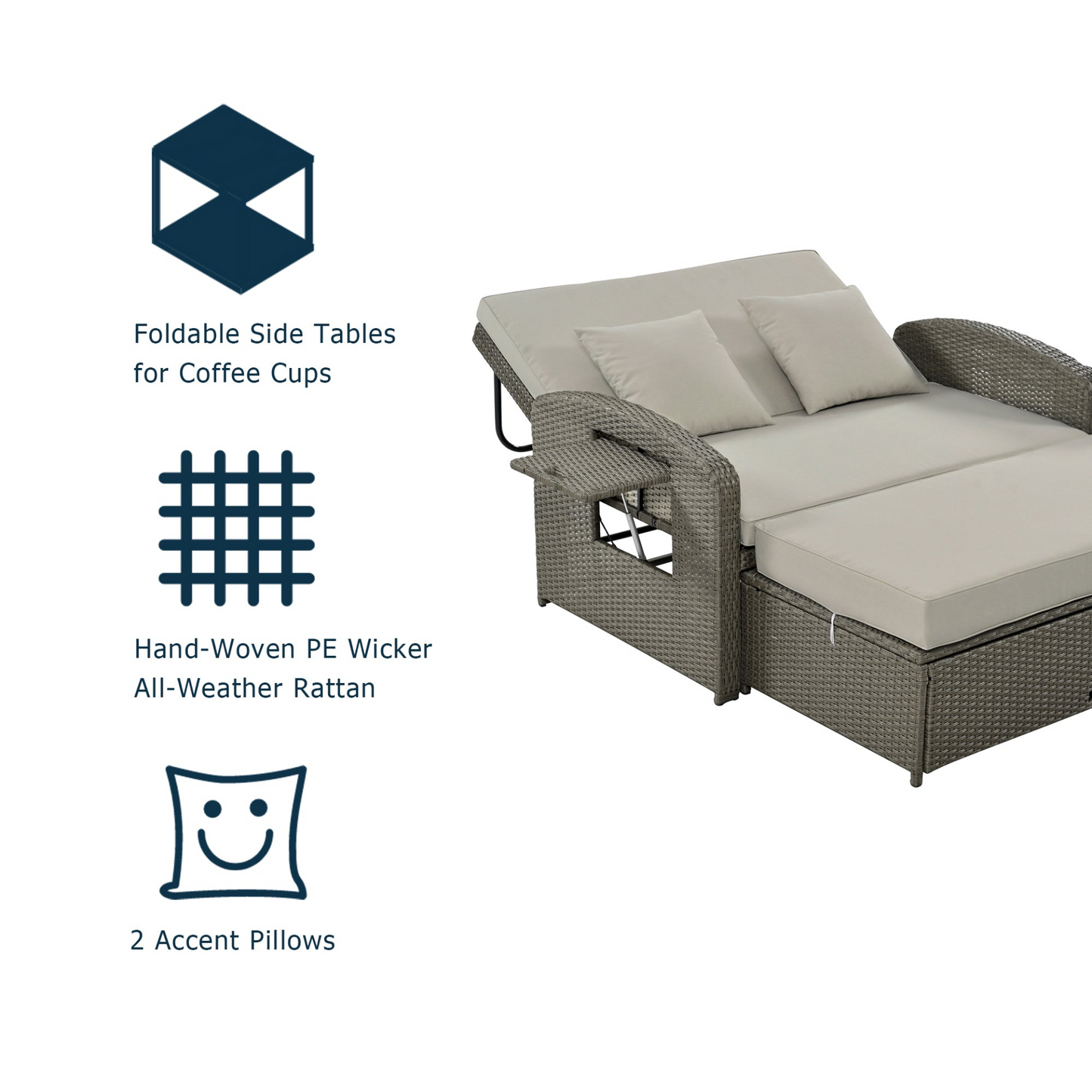 Patio Furntiure Sets | PE Wicker Rattan Double Chaise Lounge, 2-Person Reclining Daybed with Adjustable Back and Cushions, Free Furniture Protection Cover,Gray | casafoyer.myshopify.com