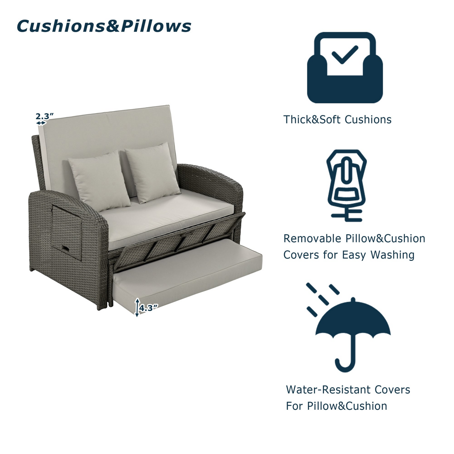 Patio Furntiure Sets | PE Wicker Rattan Double Chaise Lounge, 2-Person Reclining Daybed with Adjustable Back and Cushions, Free Furniture Protection Cover,Gray | casafoyer.myshopify.com