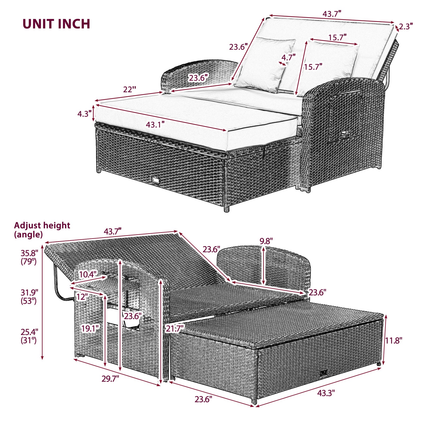 Patio Furntiure Sets | PE Wicker Rattan Double Chaise Lounge, 2-Person Reclining Daybed with Adjustable Back and Cushions, Free Furniture Protection Cover,Gray | casafoyer.myshopify.com