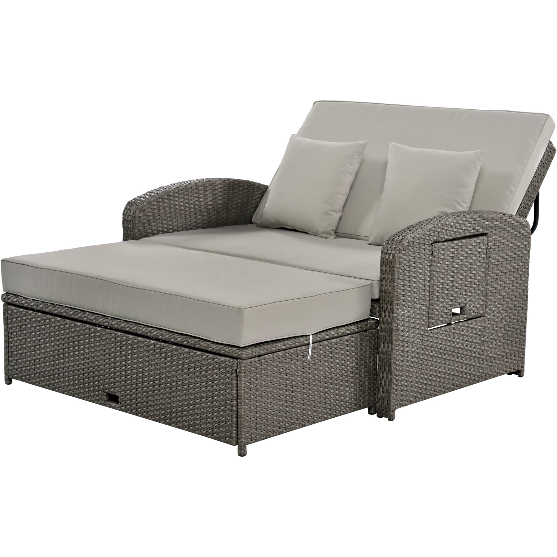 Patio Furntiure Sets | PE Wicker Rattan Double Chaise Lounge, 2-Person Reclining Daybed with Adjustable Back and Cushions, Free Furniture Protection Cover,Gray | casafoyer.myshopify.com