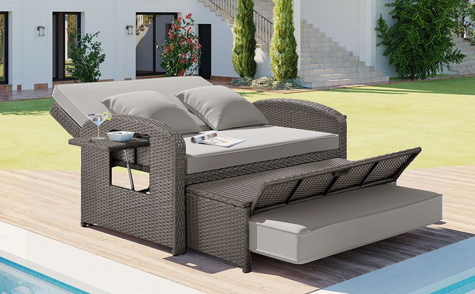 Patio Furntiure Sets | PE Wicker Rattan Double Chaise Lounge, 2-Person Reclining Daybed with Adjustable Back and Cushions, Free Furniture Protection Cover,Gray | casafoyer.myshopify.com