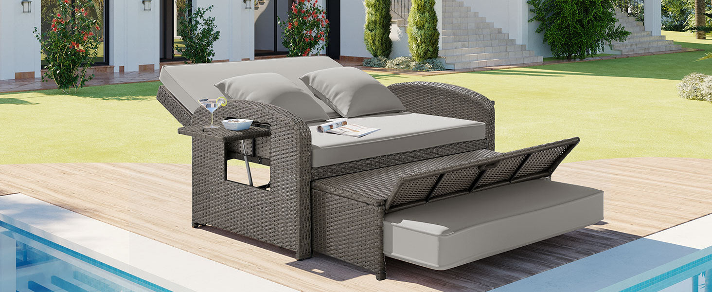 Patio Furntiure Sets | PE Wicker Rattan Double Chaise Lounge, 2-Person Reclining Daybed with Adjustable Back and Cushions, Free Furniture Protection Cover,Gray | casafoyer.myshopify.com