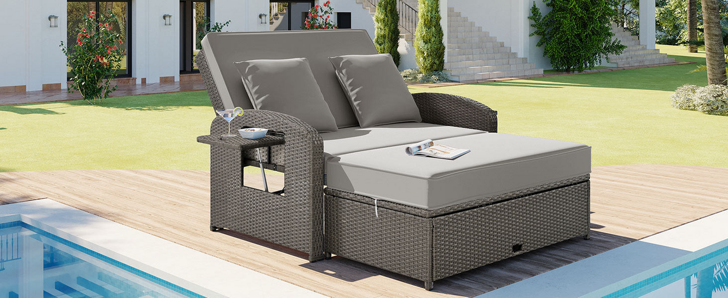 Patio Furntiure Sets | PE Wicker Rattan Double Chaise Lounge, 2-Person Reclining Daybed with Adjustable Back and Cushions, Free Furniture Protection Cover,Gray | casafoyer.myshopify.com