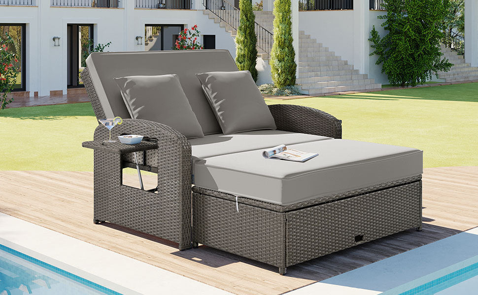 Patio Furntiure Sets | PE Wicker Rattan Double Chaise Lounge, 2-Person Reclining Daybed with Adjustable Back and Cushions, Free Furniture Protection Cover,Gray | casafoyer.myshopify.com