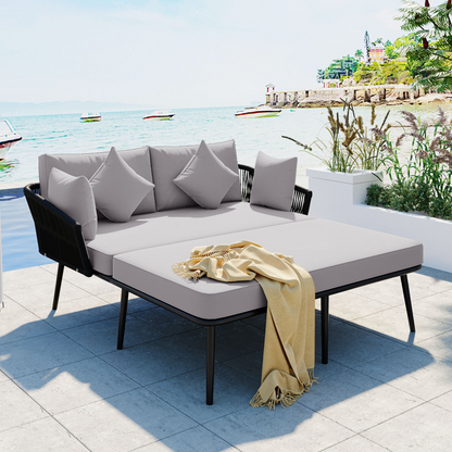 Patio Furntiure Sets | Outdoor Patio Daybed, Woven Nylon Rope Backrest with Washable Cushions for Balcony, Poolside, Set for 2 Person, Gray | casafoyer.myshopify.com