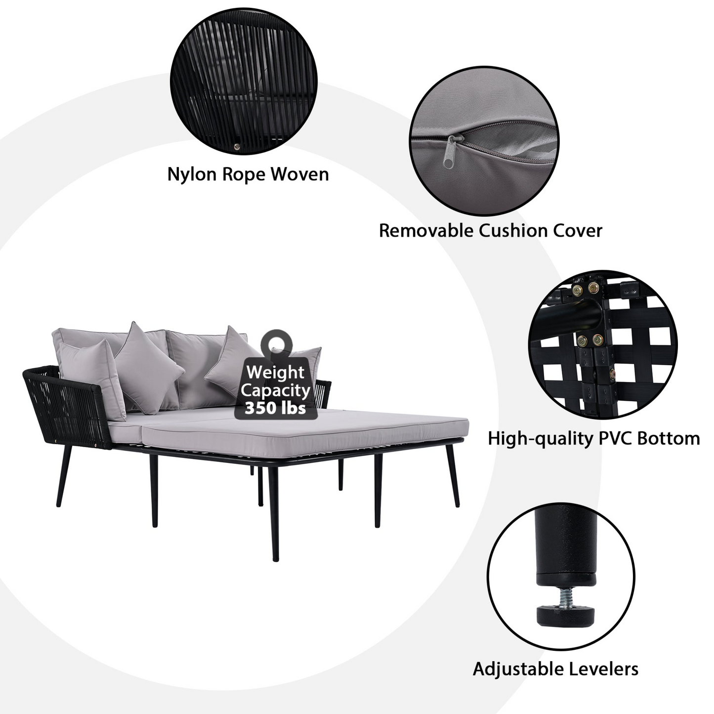 Patio Furntiure Sets | Outdoor Patio Daybed, Woven Nylon Rope Backrest with Washable Cushions for Balcony, Poolside, Set for 2 Person, Gray | casafoyer.myshopify.com