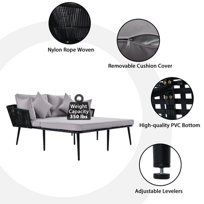 Patio Furntiure Sets | Outdoor Patio Daybed, Woven Nylon Rope Backrest with Washable Cushions for Balcony, Poolside, Set for 2 Person, Gray | casafoyer.myshopify.com